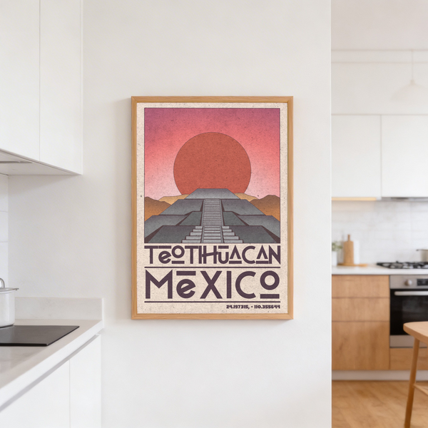 Geometric desert scene poster in pink, red, gray, and beige tones