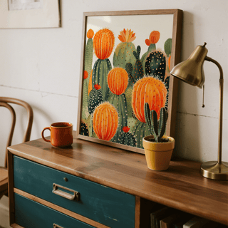 Vibrant Large Cactus Wall Art showing green and orange for bedroom wall art