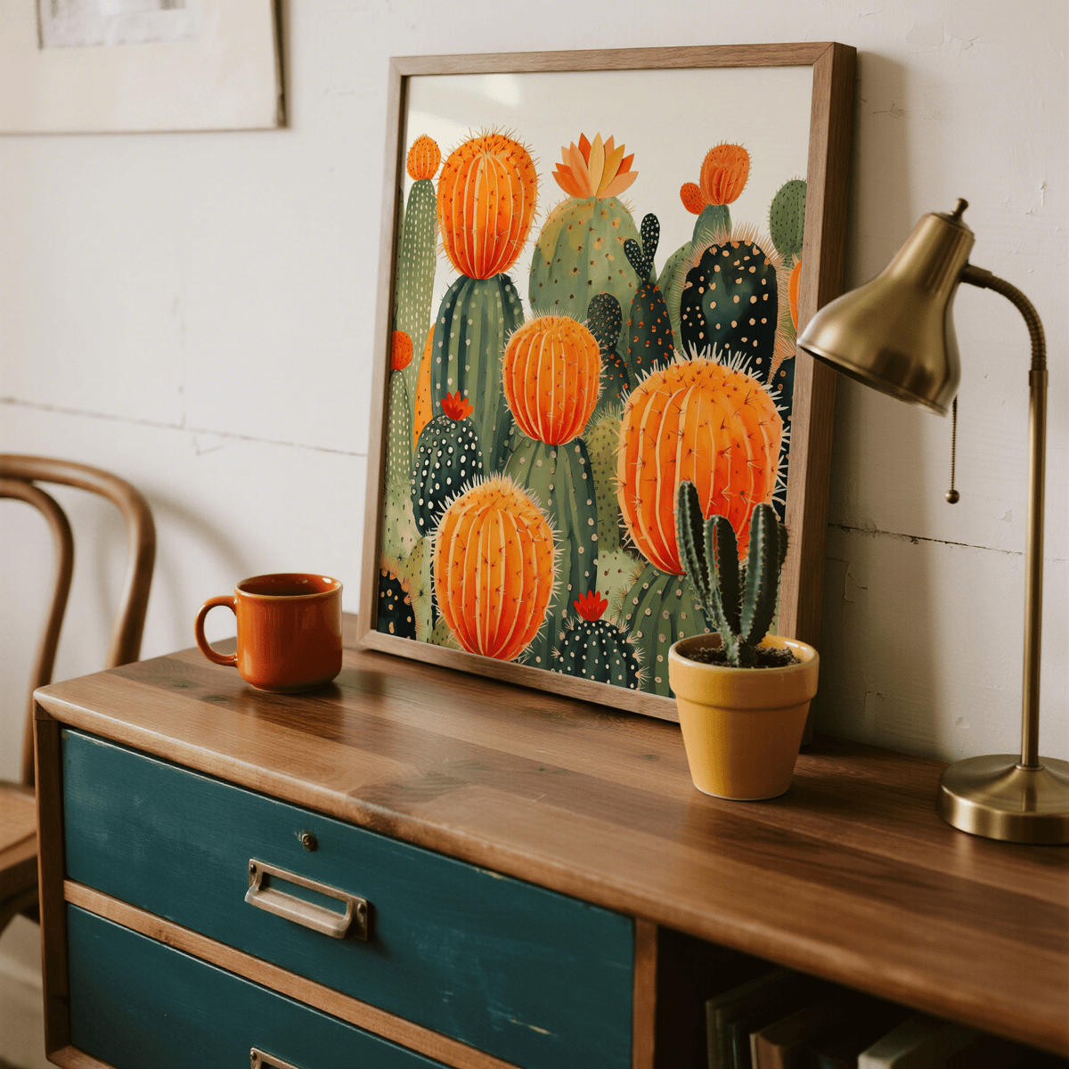 Vibrant Large Cactus Wall Art showing green and orange for bedroom wall art