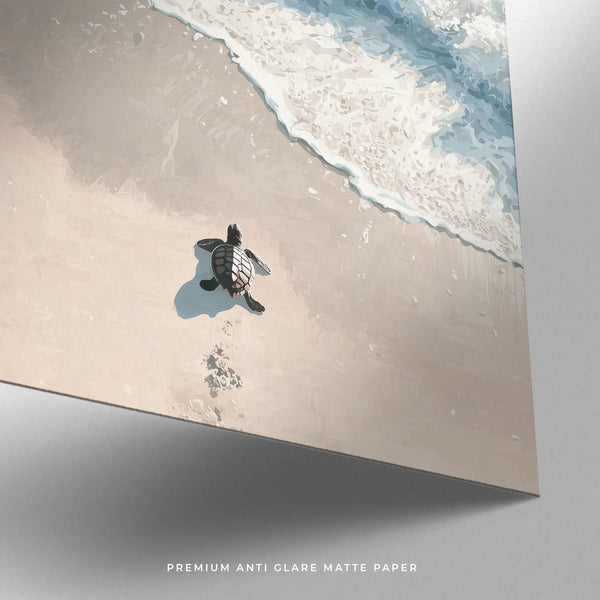 Sea turtle hatchling in a natural beach scene – Turtle Print decor.