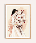 Woman Holding Flowers Print with oversized watercolor blossoms