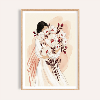 Woman Holding Flowers Print with oversized watercolor blossoms