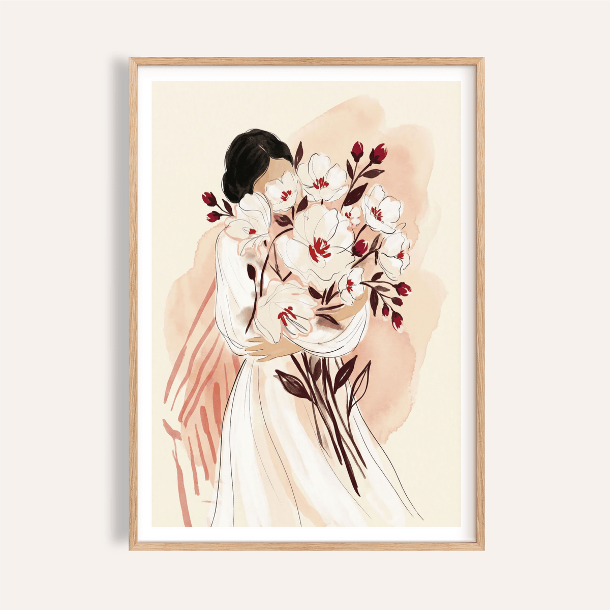 Woman Holding Flowers Print with oversized watercolor blossoms