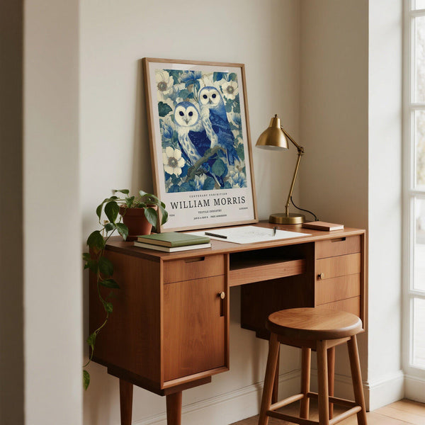 Pair of owls with striking blue tones in illustrated garden – Vintage Owl Print.