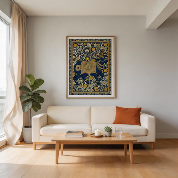 Decorated bull Indian Art Print on deep blue with orange and gold flowers