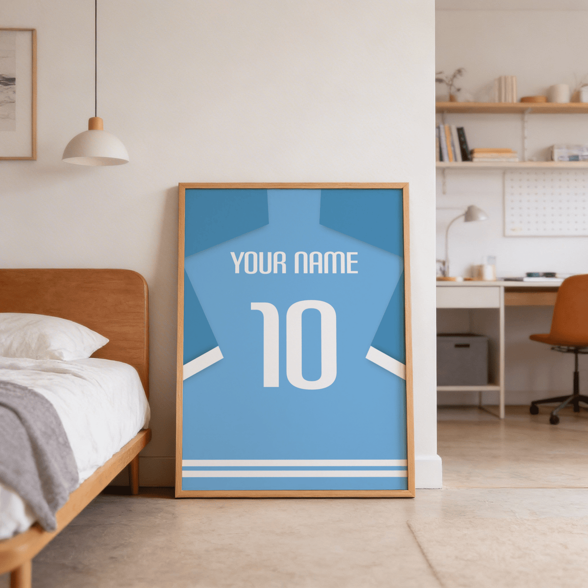 Personalised-style football shirt wall art poster with name text, big 10, and sleeve stripe details