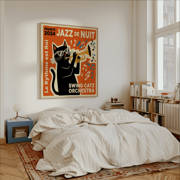 Jazz Cat Art Print, Black cat theme, children’s playroom print