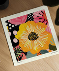 Yellow botanical artwork with playful abstract details.