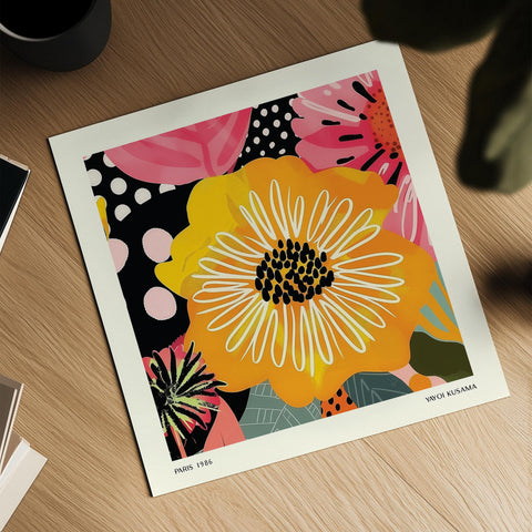 Yellow botanical artwork with playful abstract details.