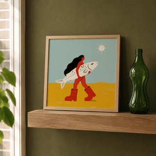 Flat-shape illustration wall art poster of a figure with an oversized fish