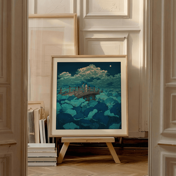 Hasui Kawase Japanese oodblock lotus wall art showing bridge over lotus pond