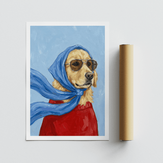 Golden Retriever Art poster in Blue, Beige, and Red ideal for office art