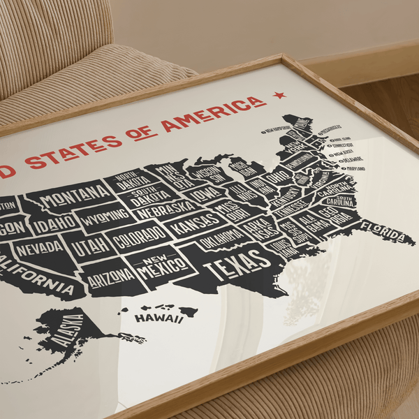 Black and Beige US Map Poster, wall art for bedroom decor