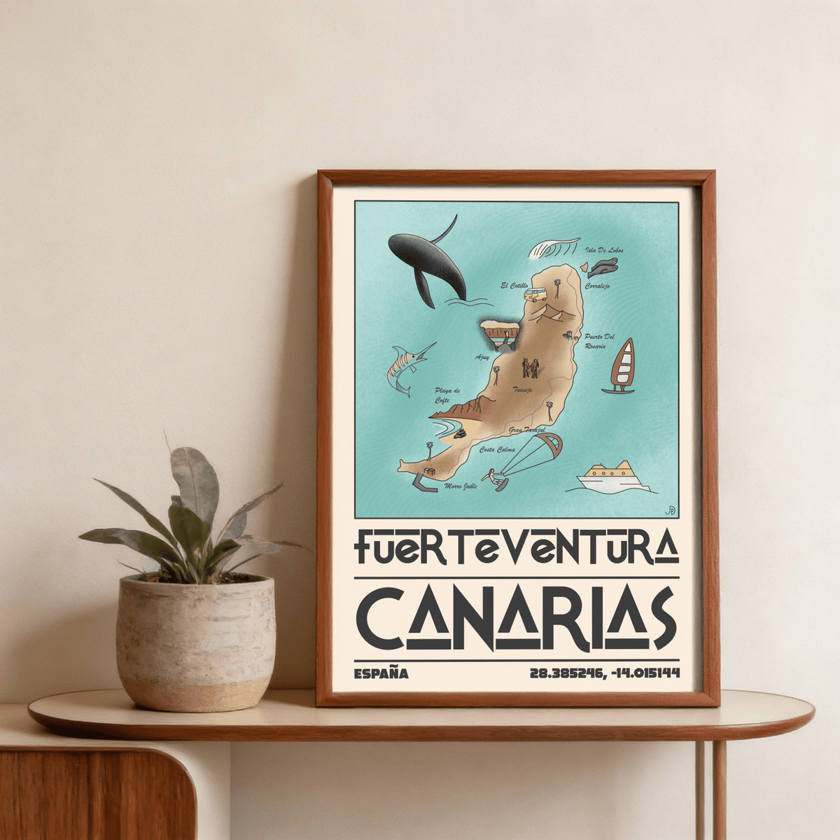 Detail crop of travel map showing coastline labels, palm tree icons, and vintage linework