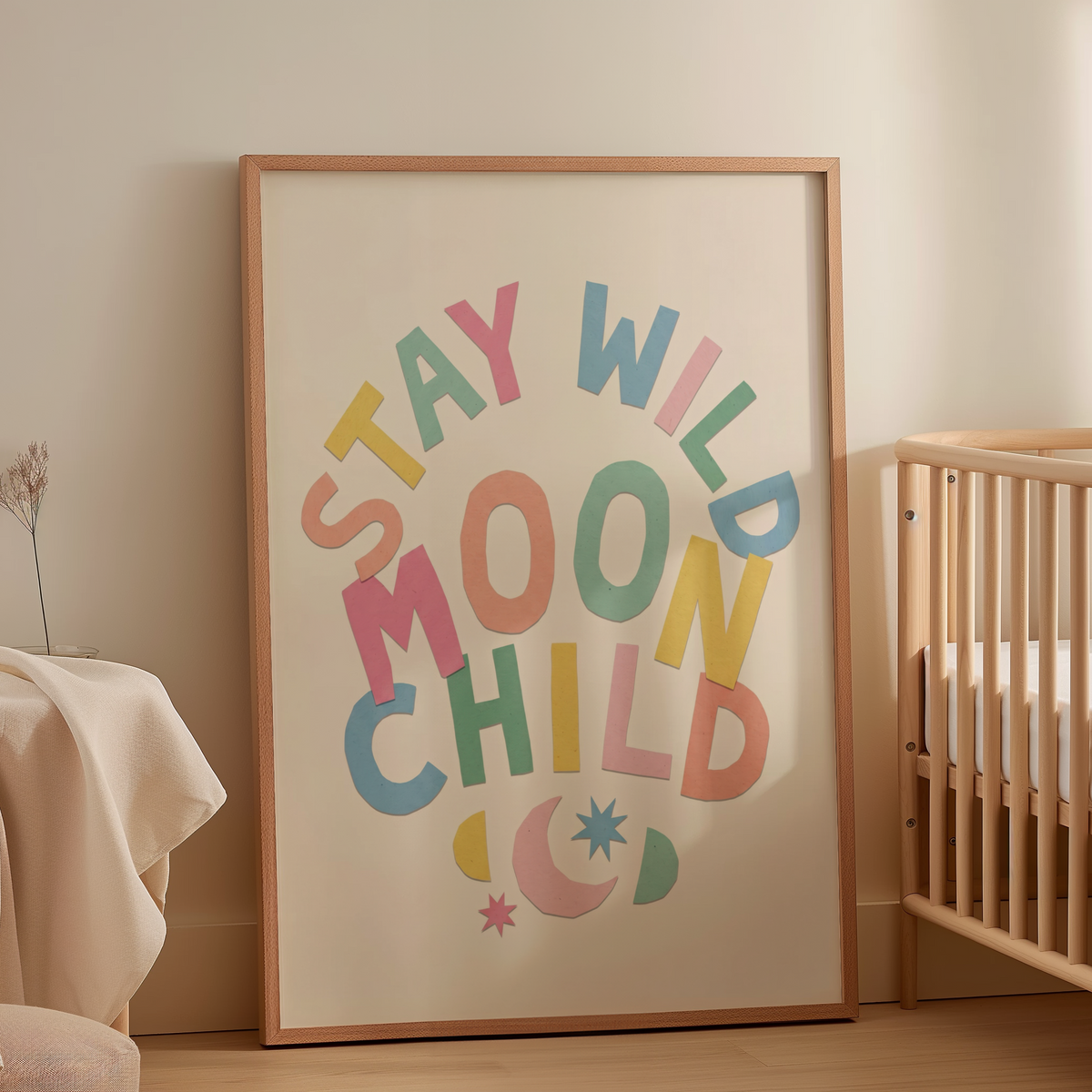 Typography wall art print with layered paper-look letters and small starburst shapes