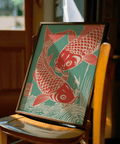 Red Koi Art poster with green tones, ideal for dining room