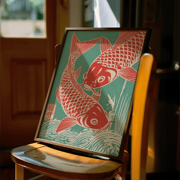 Red Koi Art poster with green tones, ideal for dining room