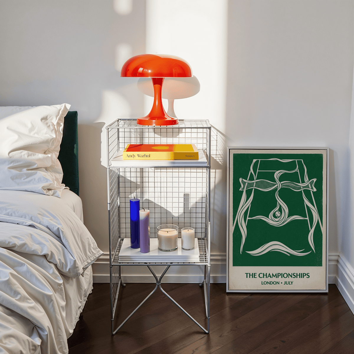 Minimal tennis court print poster with curving ribbon shapes and open negative space
