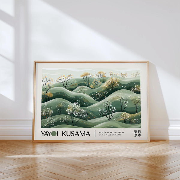 Rolling green hills Landscape Art Prints with floral details