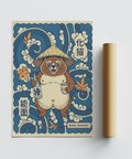 Bold Japanese Tanuki Wall Art depicting tanuki holding a cup and bottle in a framed layout