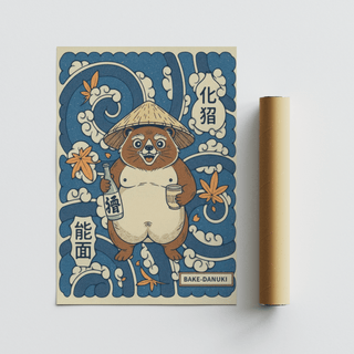 Bold Japanese Tanuki Wall Art depicting tanuki holding a cup and bottle in a framed layout