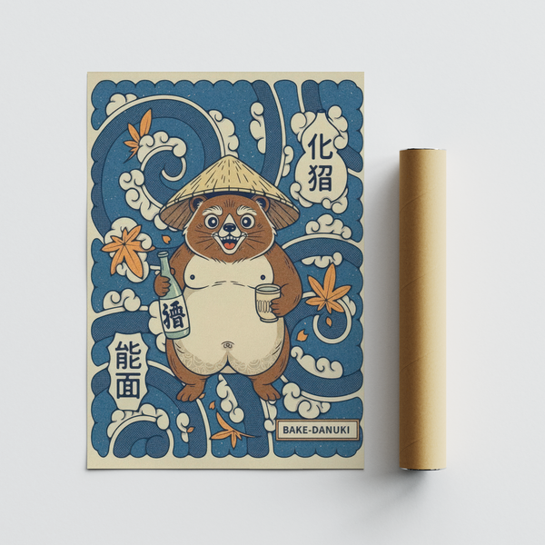 Bold Japanese Tanuki Wall Art depicting tanuki holding a cup and bottle in a framed layout