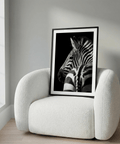 Close-up Black and White Zebra Print poster showing zebra eye and ear detail
