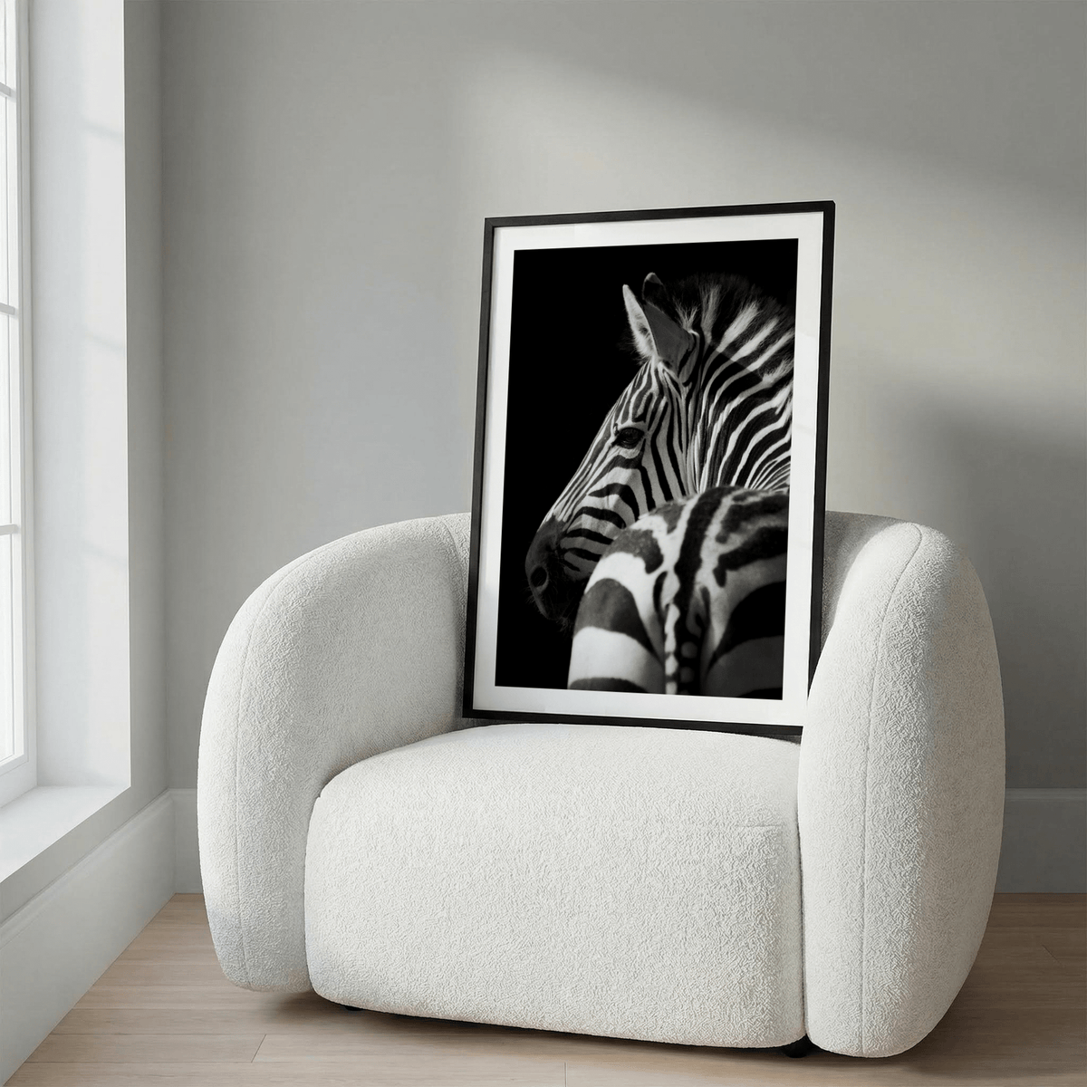 Close-up Black and White Zebra Print poster showing zebra eye and ear detail