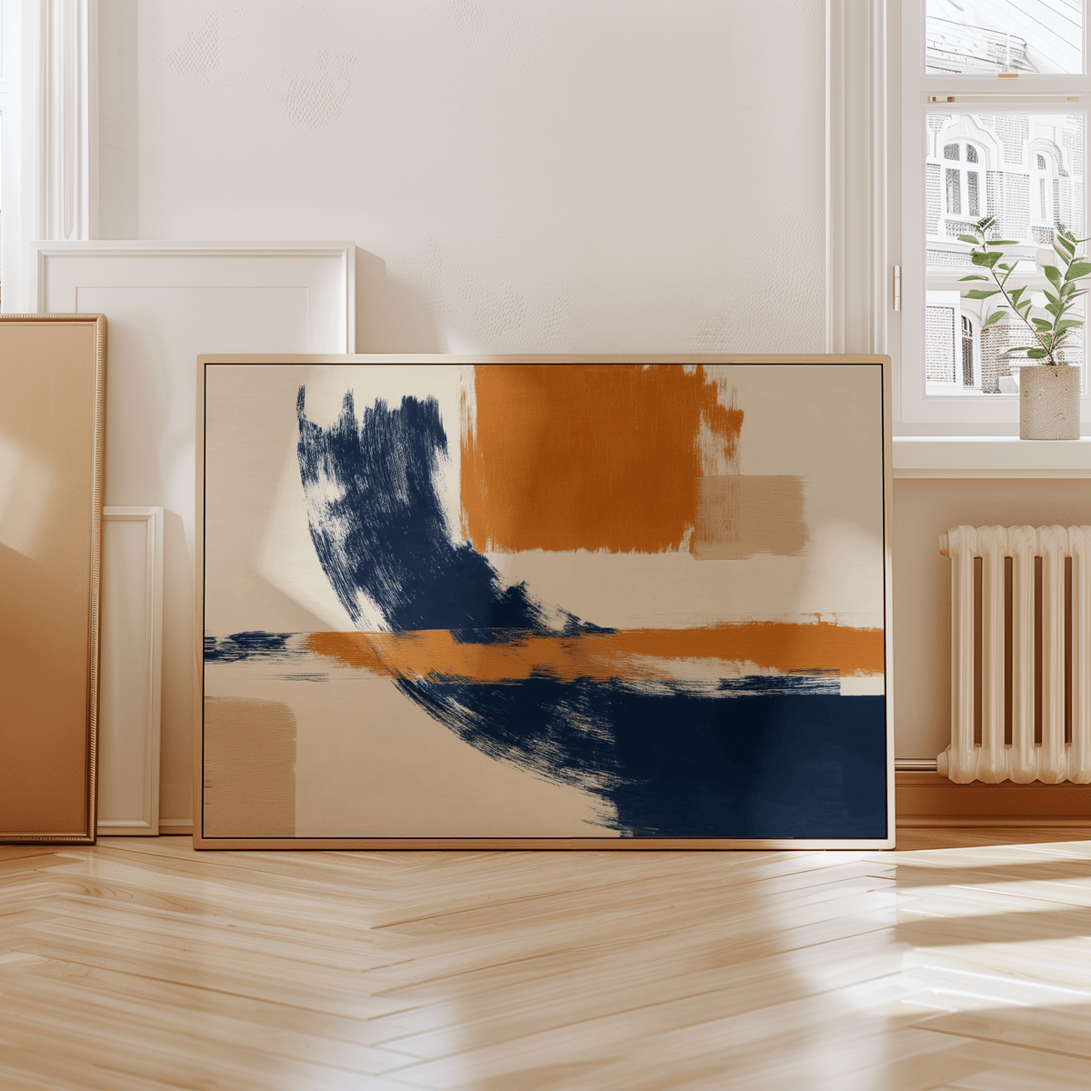 Blue and Orange Art abstract wall print in blue, orange for bedroom design