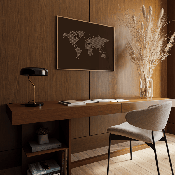 Minimalist World Map Poster art print with Brown and Beige, living space