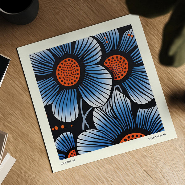 Abstract blue flower wall art with bold colour contrasts