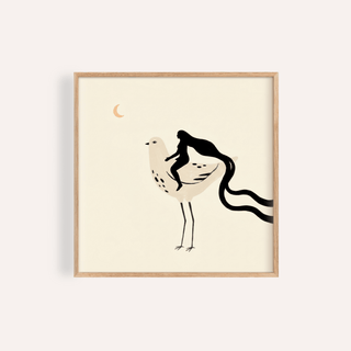Minimalist bird poster with seated silhouette figure and crescent moon