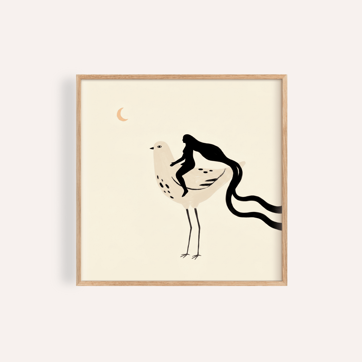 Minimalist bird poster with seated silhouette figure and crescent moon