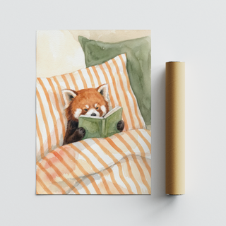 Kids room wall art print of a red panda reading, framed by pillow shapes and negative space