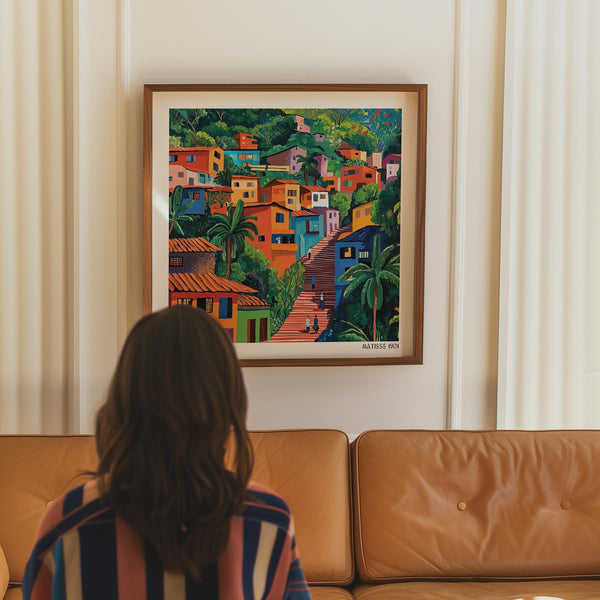 Urban Colombian scene showing bold textures and stepped streets.