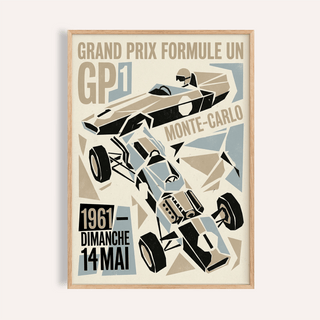 Featuring a geometric race car poster wall art with GP1 text and Monte-Carlo lettering
