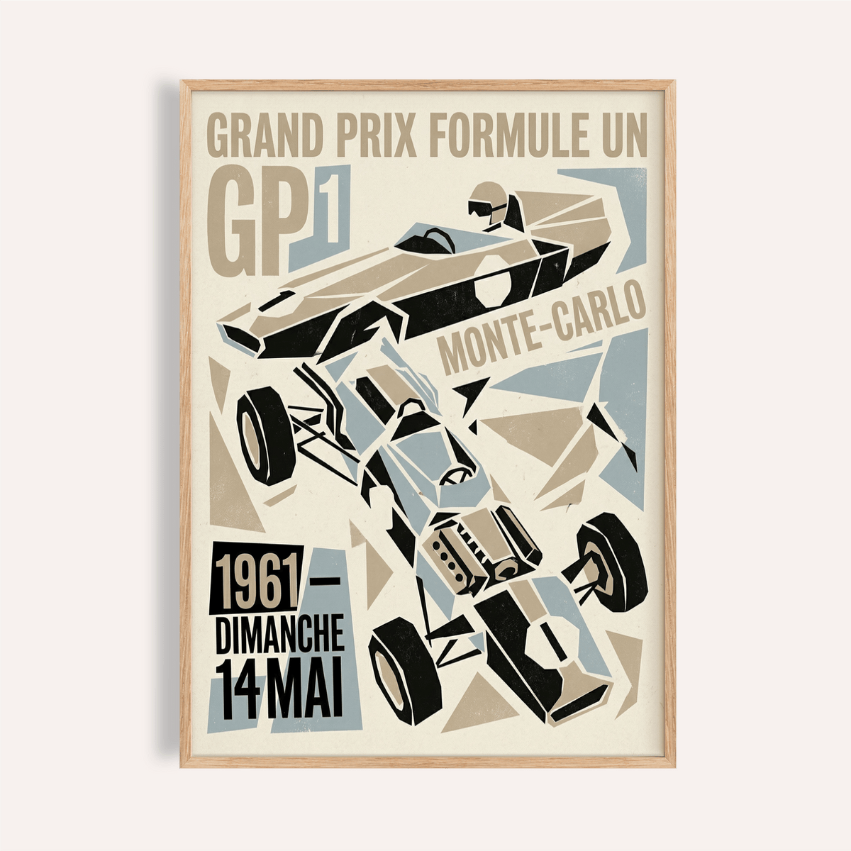 Featuring a geometric race car poster wall art with GP1 text and Monte-Carlo lettering
