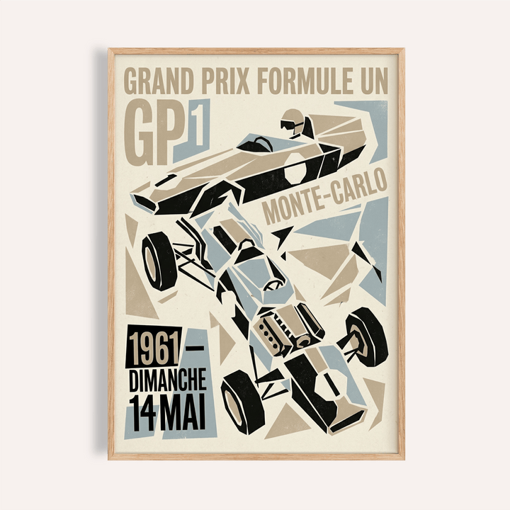 Featuring a geometric race car poster wall art with GP1 text and Monte-Carlo lettering