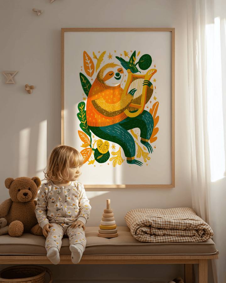 Sloth Art Print hanging above a bench with a child and a teddy bear in soft natural light