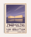 Graphic travel poster print showing Zinemaldia San Sebastian text and mirrored waterfront buildings