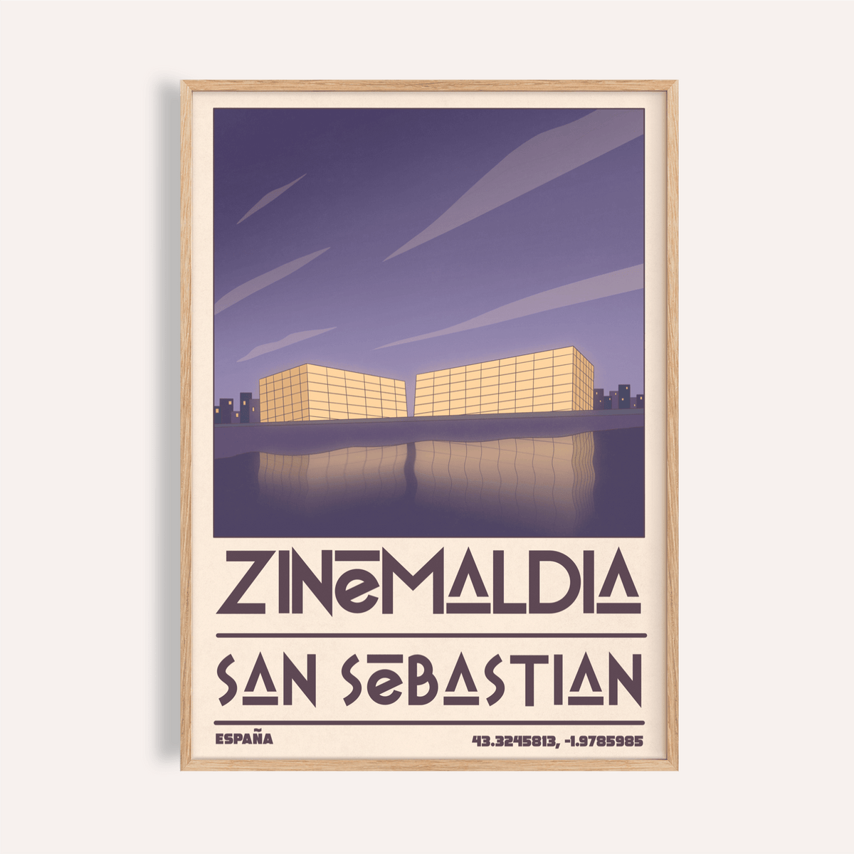 Graphic travel poster print showing Zinemaldia San Sebastian text and mirrored waterfront buildings
