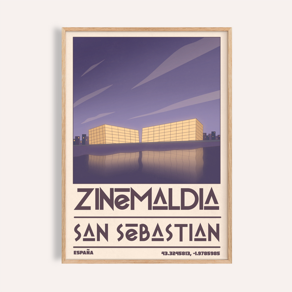 Graphic travel poster print showing Zinemaldia San Sebastian text and mirrored waterfront buildings