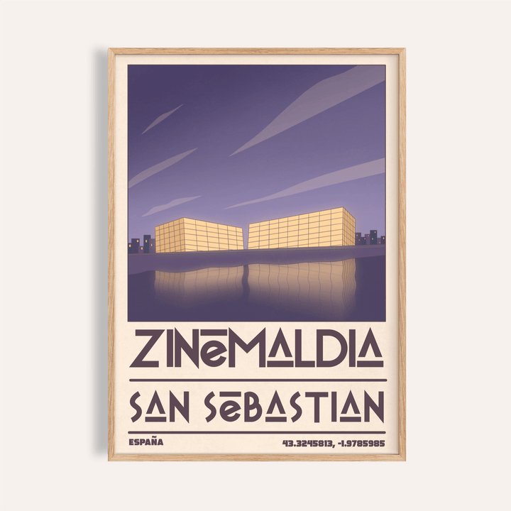Graphic travel poster print showing Zinemaldia San Sebastian text and mirrored waterfront buildings