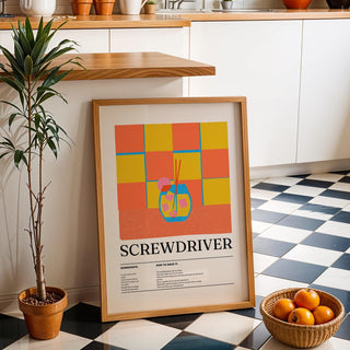 Art prints kitchen decor showing vodka and orange juice drink in modern style.
