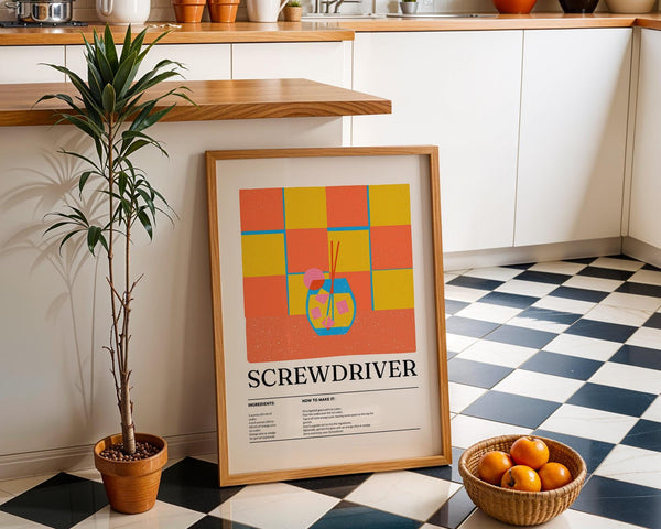 Art prints kitchen decor showing vodka and orange juice drink in modern style.