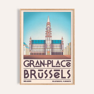 Framed-style view of Brussels Grand Place Art Print travel poster with central tower illustration and GRAN-PLACE BRUSSELS text