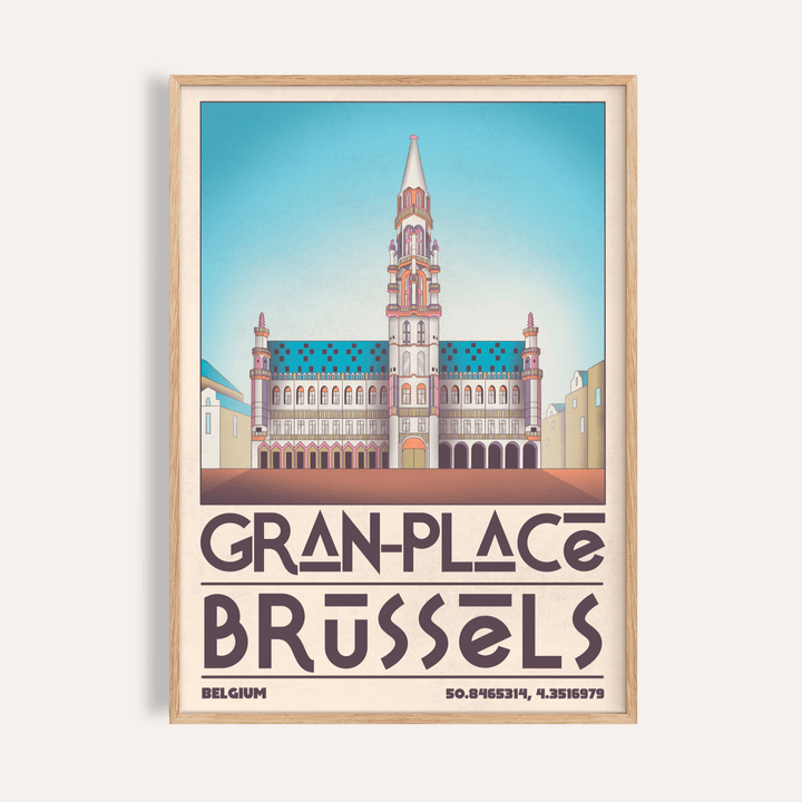 Framed-style view of Brussels Grand Place Art Print travel poster with central tower illustration and GRAN-PLACE BRUSSELS text