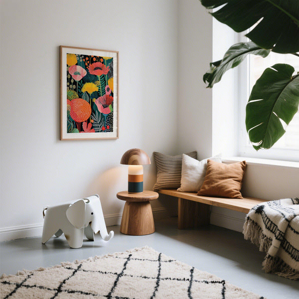 Modern botanical wall art flower design with stylized petals and dotted detailing.