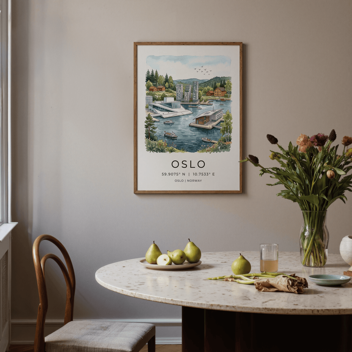 Map-coordinate city wall art poster with “OSLO” text beneath an illustrated fjord waterfront