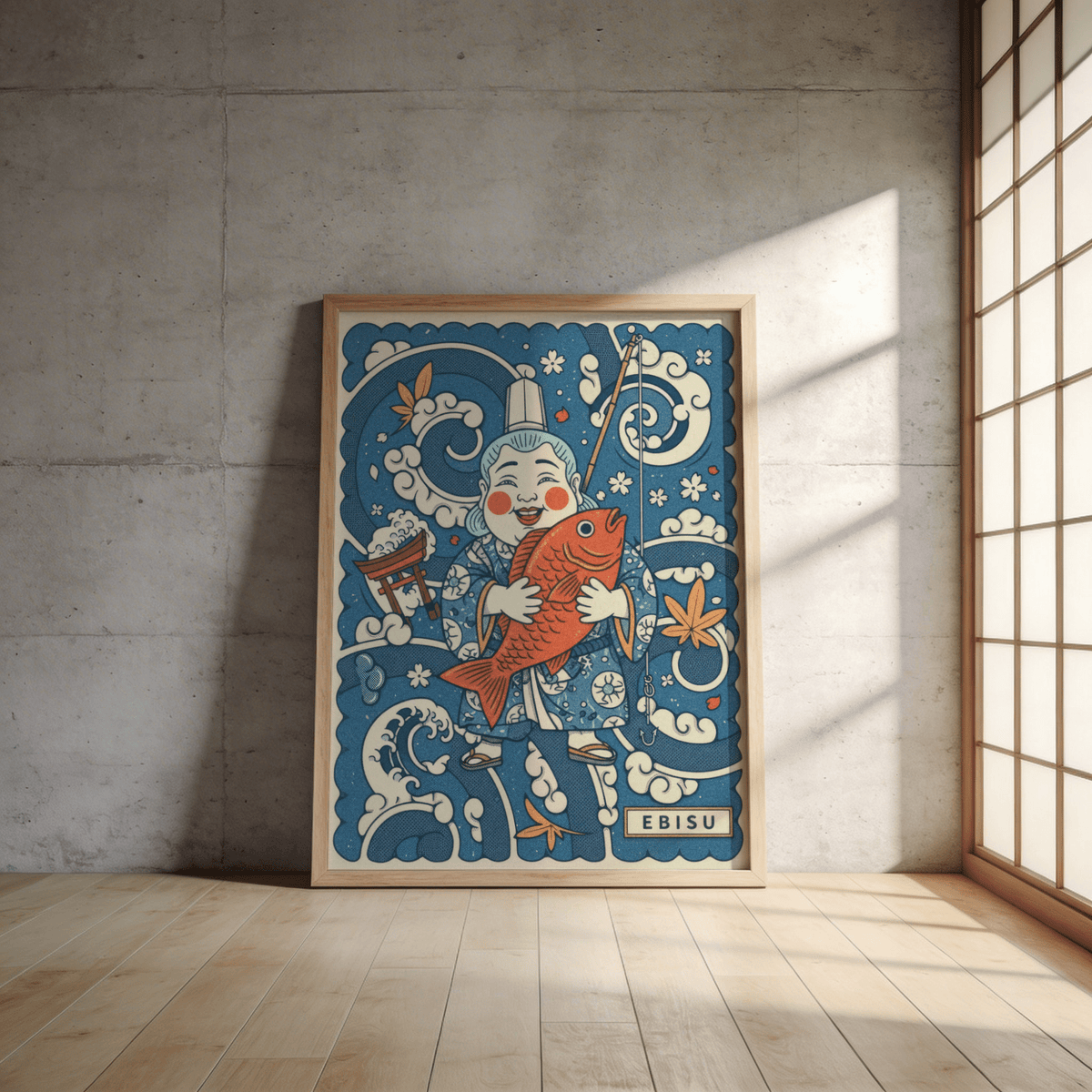 Full composition of Ebisu holding a large fish with waves, Japanese poster wall art